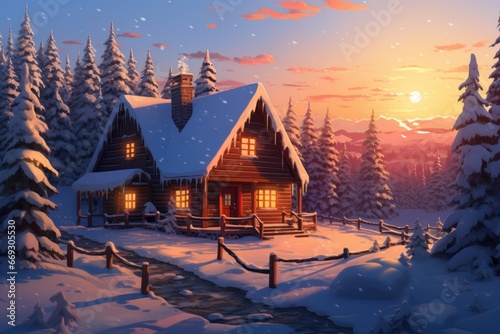 Cozy cabin in a snowy forest at sunset.