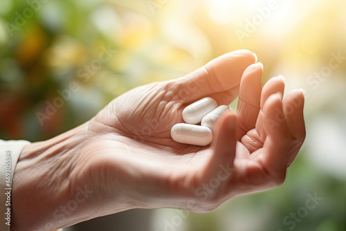 an older person's hand holding a white pills pill in the background is blurry green leaves and sunlight