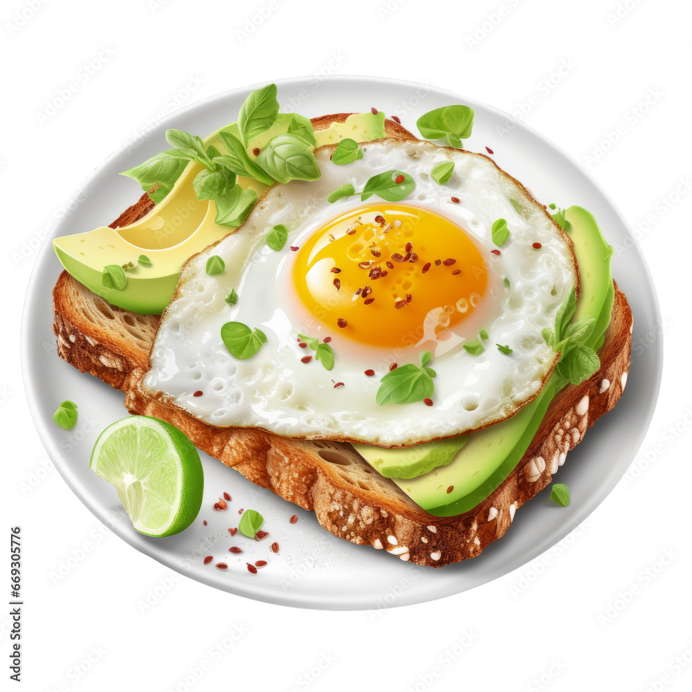 Delicious Avocado Toast with Fried Egg Isolated on Transparent Background - Healthy Breakfast Delight Delicious Avocado Toast with Fried Egg Isolated on Transparent Background - Healthy Breakfast Delight