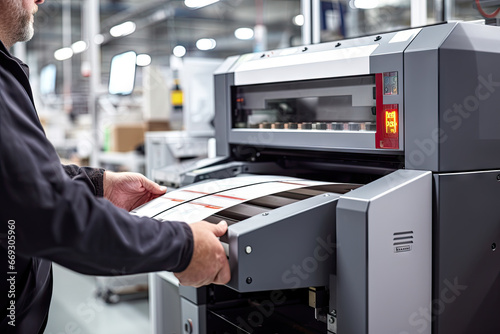 a man working on a large printer machine in a printing room with other machines behind him and his son are looking at the camera