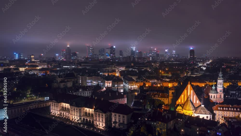 Warsaw Urban Downtown Skyline Aerial View Hyperlapse at Foggy Autumn ...