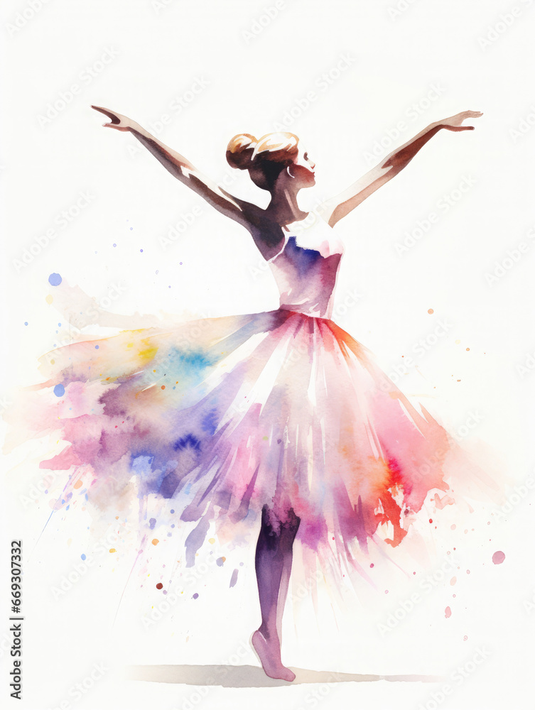 Ballet dancer dancing elegantly in a pink tutu. Classical ballet watercolor illustration on white.  - obrazy, fototapety, plakaty 