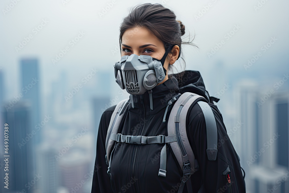 a woman wearing a gas mask in front of a cityscaing background with text that reads, how to protect your business from