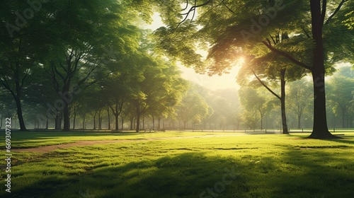 beautiful morning light in public park with green grass field. generative ai