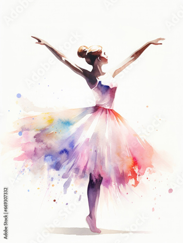 Ballet dancer dancing elegantly in a pink tutu. Classical ballet watercolor illustration on white. 