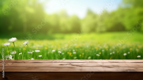beautiful spring green meadow background with empty wooden table for product display, nature blurred background. generative ai