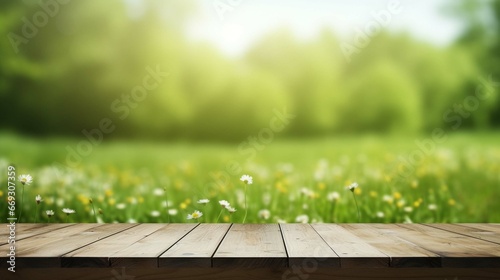 beautiful spring green meadow background with empty wooden table for product display, nature blurred background. generative ai