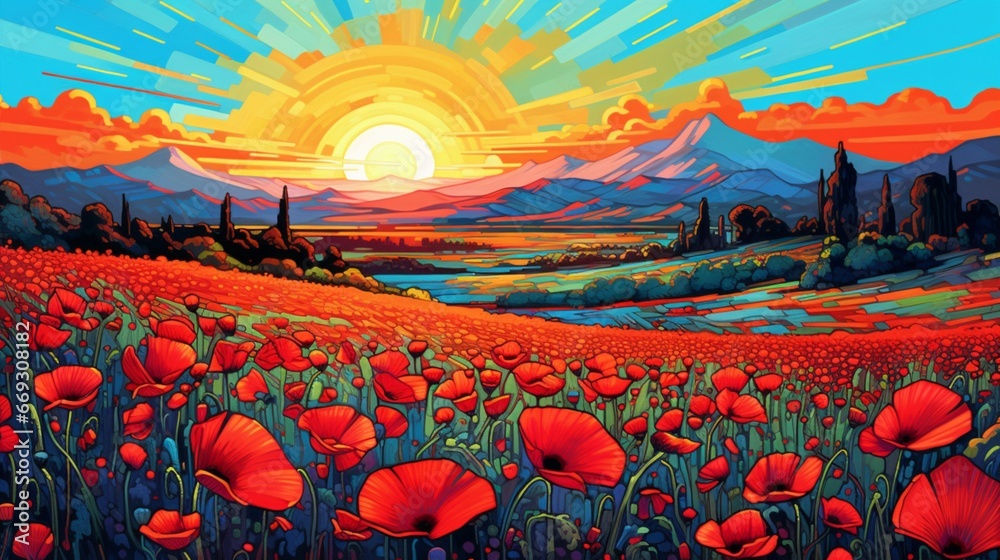 Sunset hills with a field of poppies detailed land Ai generated art