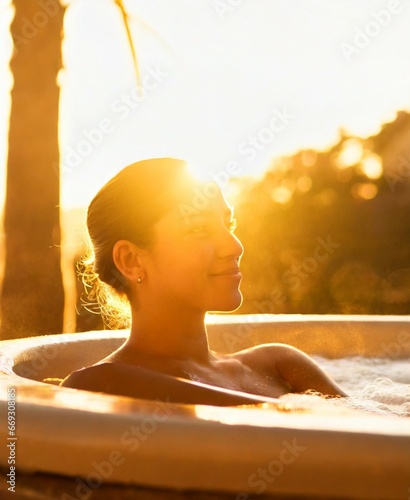 Latin Woman Relaxing In Hotel's Jacuzzi