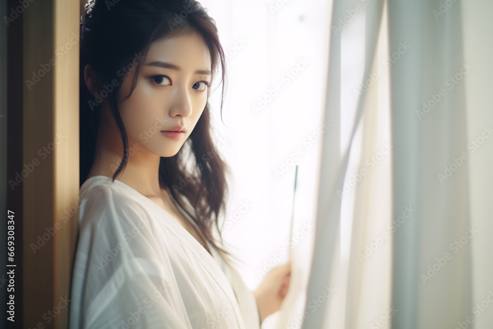 Asian female in comfortable pajamas wake up in the morning with happiness Asian female in comfortable pajamas wake up in the morning with happiness