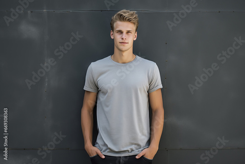 Portrait of confident young woman in short blonde hair wear gray blank t-shirt