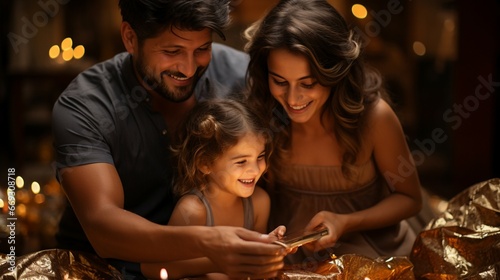A family exchange gifts wrapped in shimmering golden paper
