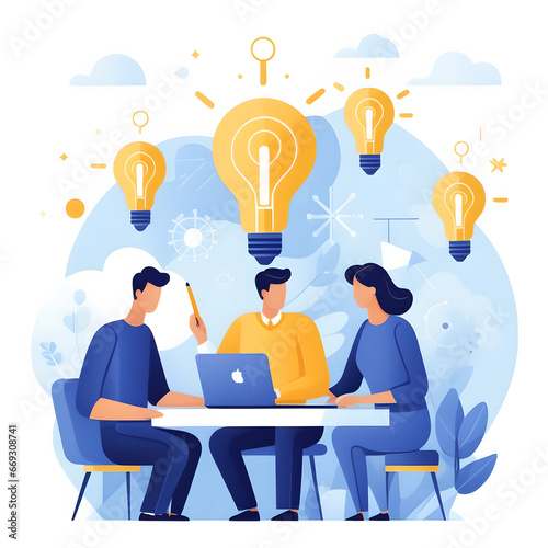 team collaboration, teamwork, working on a computer, meeting/brainstorming/new ideas - flat design / vector graphic