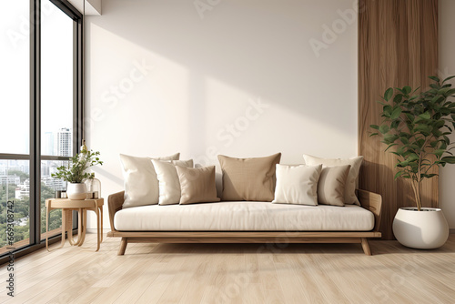 Modern Interior Room Mockup Beige   Earth-Tone Furniture  Fabric Sofa with Pillows  Wooden Flooring  and Balcony with Panoramic View