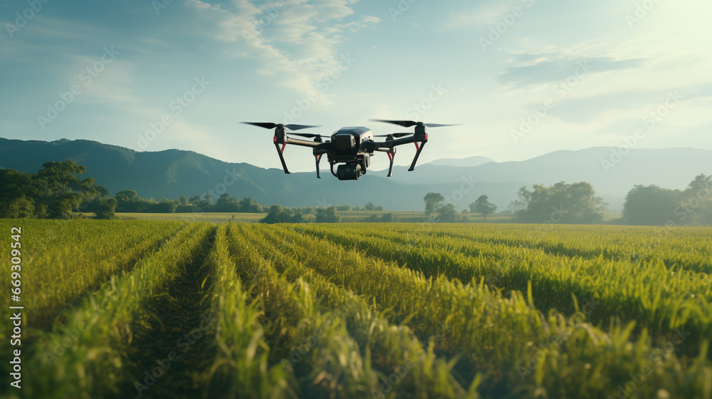 Drone Crop Scanning: drone flying over a crop field, scanning and analyzing crops for pests and diseases