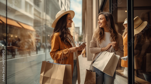 Two happy girlfriends looking on the shopwindow while standing with shopping bags near the mall