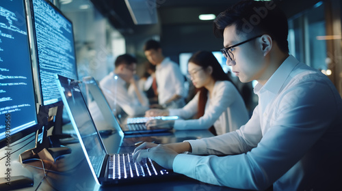 Diverse team of system engineers developing html code and cloud computing in it development agency. Asian software developer typing on keyboard to create artificial intelligence script photo