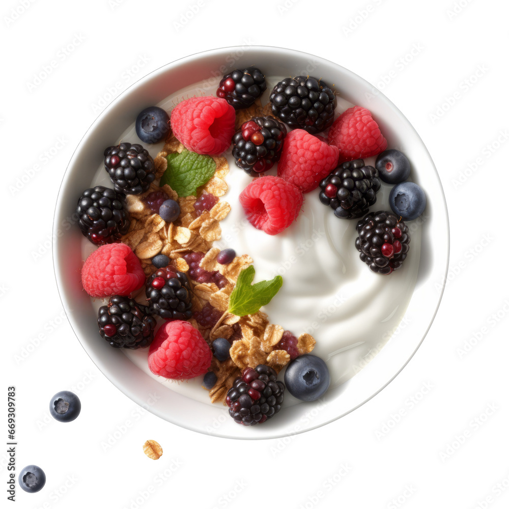 Delicious Bowl of Granola with Yogurt and Berries Isolated on Transparent Background - Healthy Breakfast Delight Delicious Bowl of Granola with Yogurt and Berries Isolated on Transparent Background - Healthy Breakfast Delight