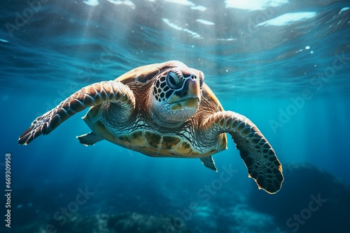 green sea turtle swimming near beautiful coral reef  under water sea turtles close up. Generative AI