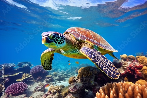 green sea turtle swimming near beautiful coral reef, under water sea turtles close up. Generative AI © Breyenaiimages