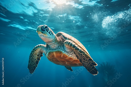 green sea turtle swimming near beautiful coral reef  under water sea turtles close up. Generative AI