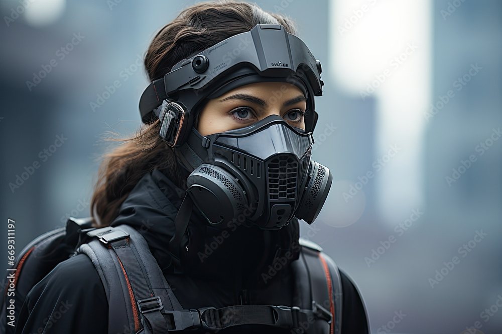 a woman wearing a gas mask and looking at the camera with an urban city in the background is blurry a woman wearing a gas mask and looking at the camera with an urban city in the background is blurry
