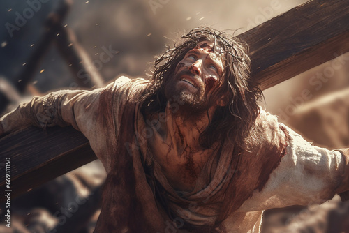Jesus Christ carries his cross to Golgotha. Bible. Faith. Torment and suffering. Giving his life for our sins. The hard way. Christian symbol of faith. Calvary. God. photo