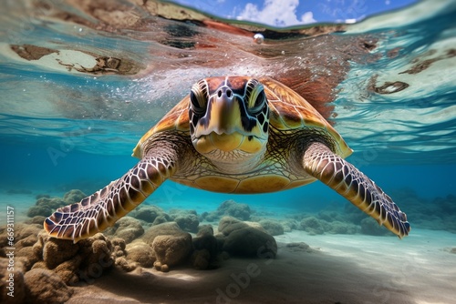 green sea turtle swimming near beautiful coral reef  under water sea turtles close up. Generative AI