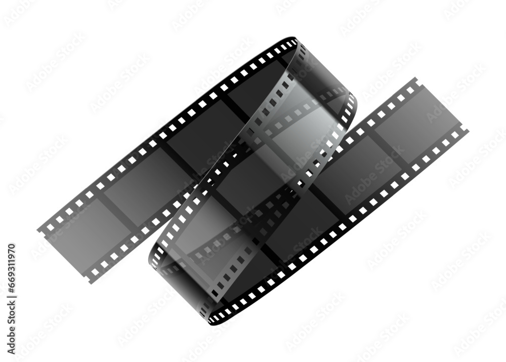 Online cinema video film tape, Isolated on white background. Retro movie film-reel ribbon with frames for cinematography. Vector illustration.