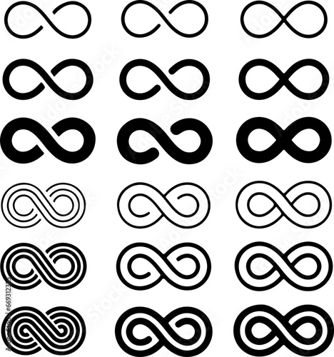 Icon set of eternity, infinity, infinite, forever, endless concept. Thin line icons, flat vector illustrations. Isolated on white, transparent background