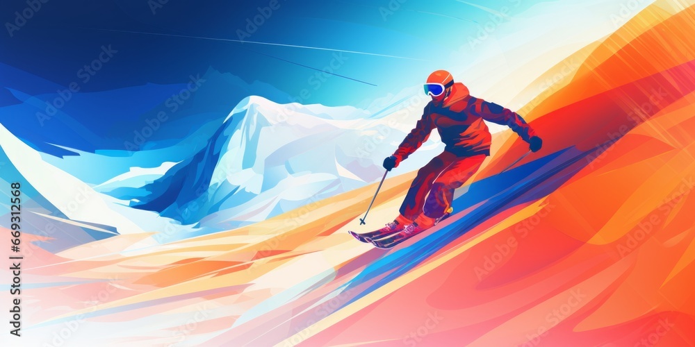 Abstract image of a skier racing down a mountain slope. 