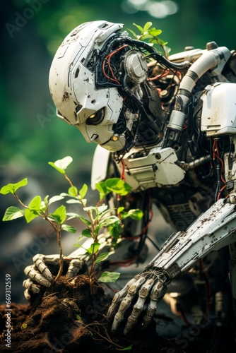 A humanoid robot is planting trees in the ground. The concept of combating deforestation in the future.
