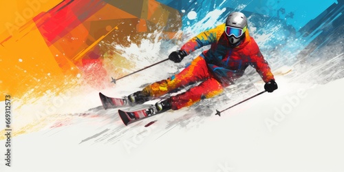 Abstract image of a skier racing down a mountain slope. 