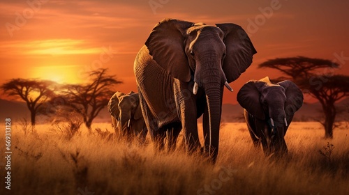 a herd of elephants walking across a dry grass field at sunset with the sun in the background and a few trees in the foreground.. generative ai 