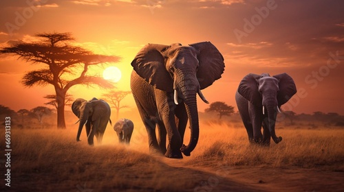 a herd of elephants walking across a dry grass field at sunset with the sun in the background and a few trees in the foreground.. generative ai 