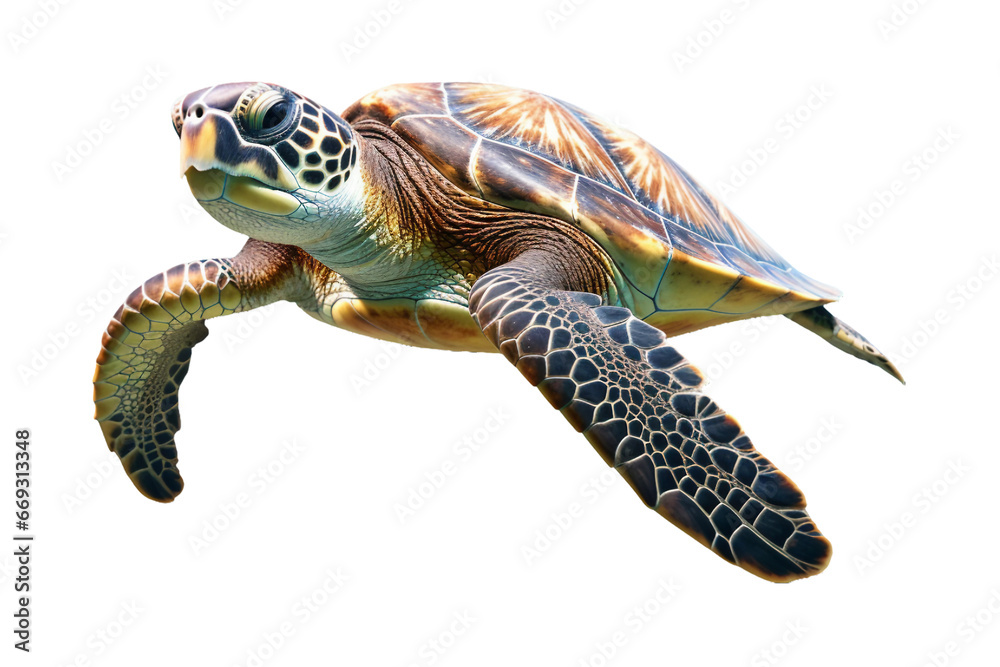 Fototapeta premium sea turtle isolated on a transparent background, green sea turtle swimming isolated. Generative AI