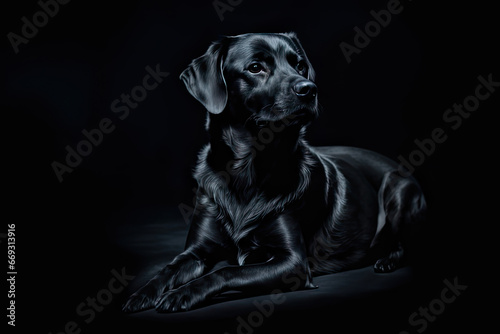 A jet black dog sitting in the dark