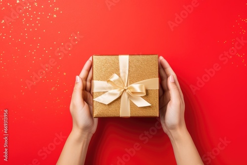 Top view of woman hands holding gift box wrapped and decorated with satin ribbon with copy space © netrun78