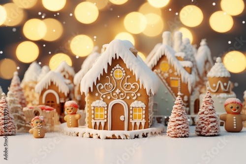 Christmas background with cute gingerbread house. Xmas greeting card