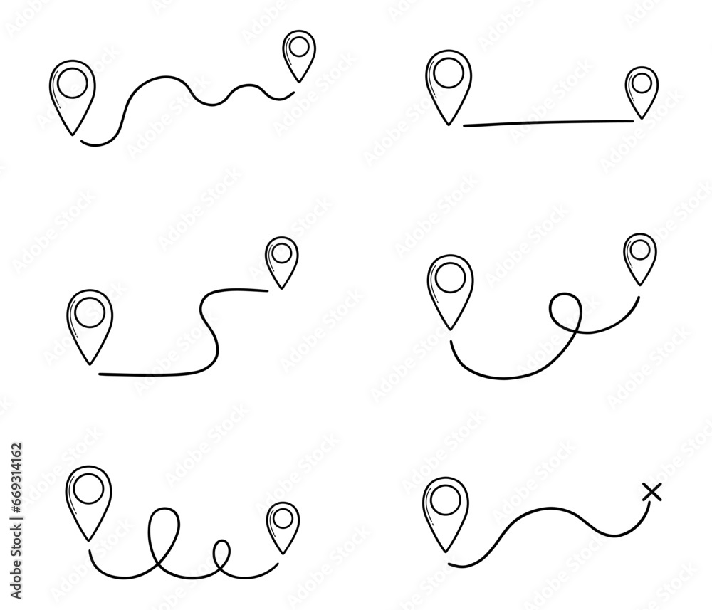 Distance Doodle Map distance measuring doodle set. Navigation sign, location pointers ...