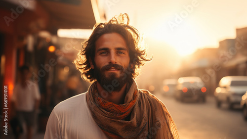 Portrait of bearded young Arab man in Middle East, guy on city street at sunset. Handsome person wearing scarf looking at camera outdoor. Concept of character, people, muslim, face photo