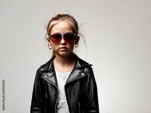 bambina con giubbotto di belle ed occhiali da sole 