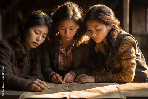 Asian Girls Education. Studying students children at school and university, classroom, auditorium, applicants school uniforms, fun at recess, happy little girls, studying science Student diversity.