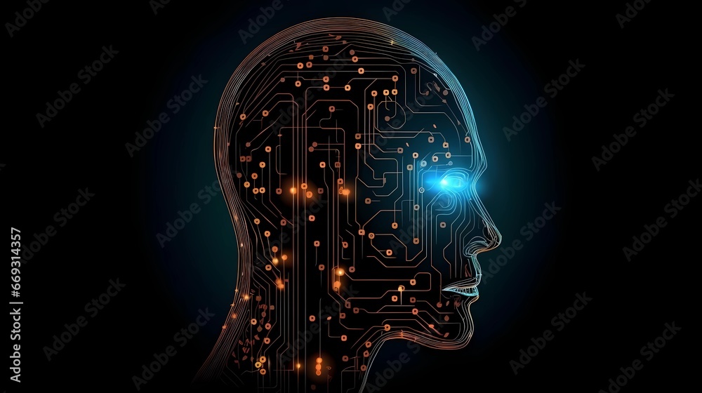 Digital Intelligence: Human Head with Electronic Circuits, Artificial Intelligence Generative AI