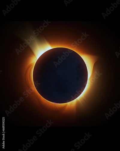 Solar total eclipse in dark outer space. Astronomy themed backdrop