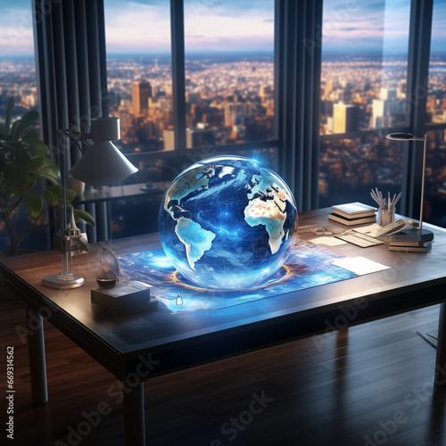 Globe on desk, 3D earth, hologram of earth on desk in office create with ai generate photo