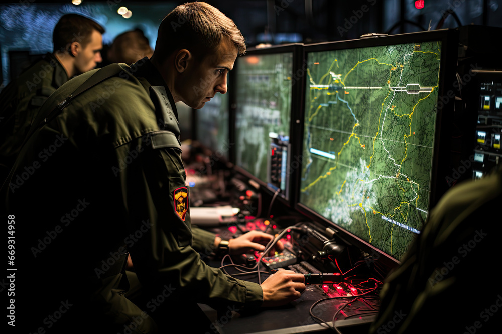 two men in military uniforms looking at a map on a computer screen, while another man watches from the other side
