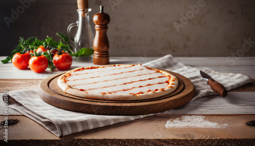 Napkin and board for pizza on wooden desk mockup. Selective focus.