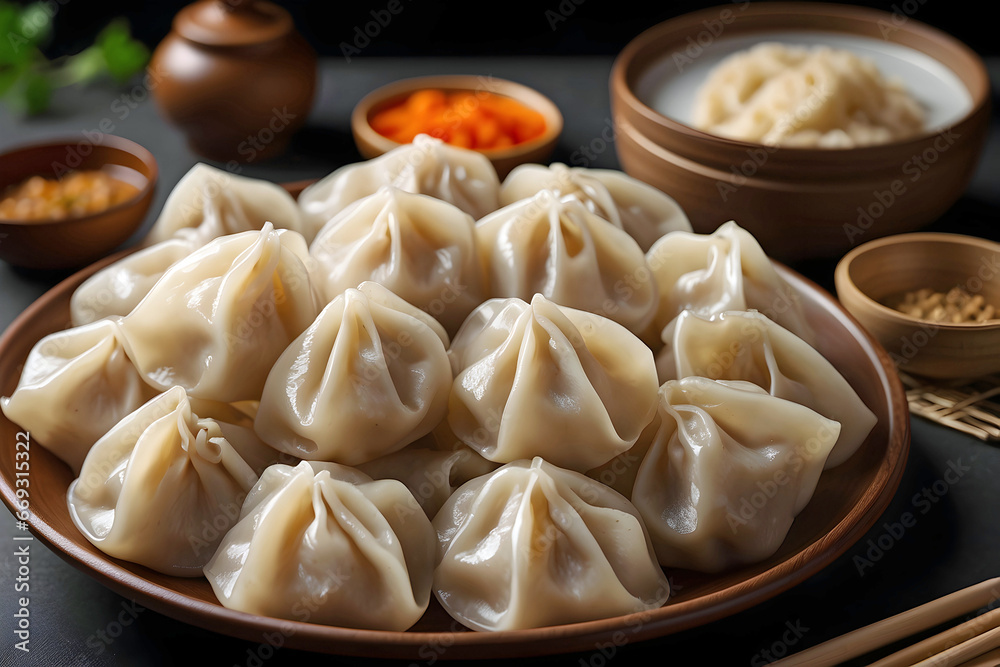Delicious Chinese Dumplings Beautifully Prepared and Served with Side Items Asian Cuisine Generative AI