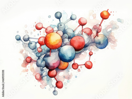 Watercolor illustration of a molecule. Chemistry, biology concept. 